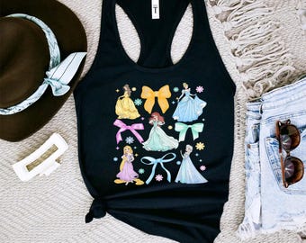 Watercolor Coquette Bows Disney Princess Racerback Tank, Disneyland Princess Girl Trip Tanktop, Princess Birthday Girl,Cinderella Belle Elsa