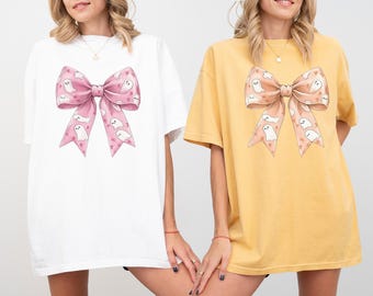 Comfort Colors Pink Ghost Bow Coquette T-Shirt, Halloween Coquette Bow Shirts, Ghost Halloween Tee, Halloween T-Shirts, Spooky Season Tshirt