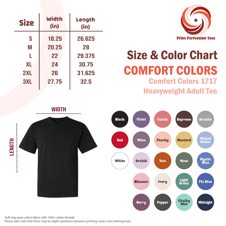 May include: Size chart for Comfort Colors 1717 Heavyweight Adult Tee. The chart shows sizes from S to 3XL with corresponding width and length measurements in inches. The chart also includes a color chart with 20 different colors.