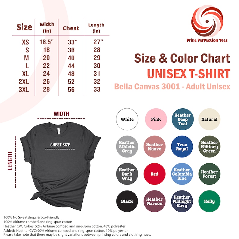 Puede incluir: Tabla de tallas de camiseta unisex con medidas en pulgadas. La tabla muestra el ancho, el pecho y la longitud de la camiseta en diferentes tallas, desde XS hasta 3XL. La tabla tambi&eacute;n incluye una tabla de colores con 14 opciones de colores diferentes, incluyendo blanco, rosa, gris oscuro jaspeado, natural, gris deportivo jaspeado, malva jaspeado, azul real, verde militar jaspeado, gris oscuro jaspeado, rojo, azul columbia jaspeado, bosque jaspeado, negro, marr&oacute;n jaspeado, azul medianoche jaspeado y kelly.