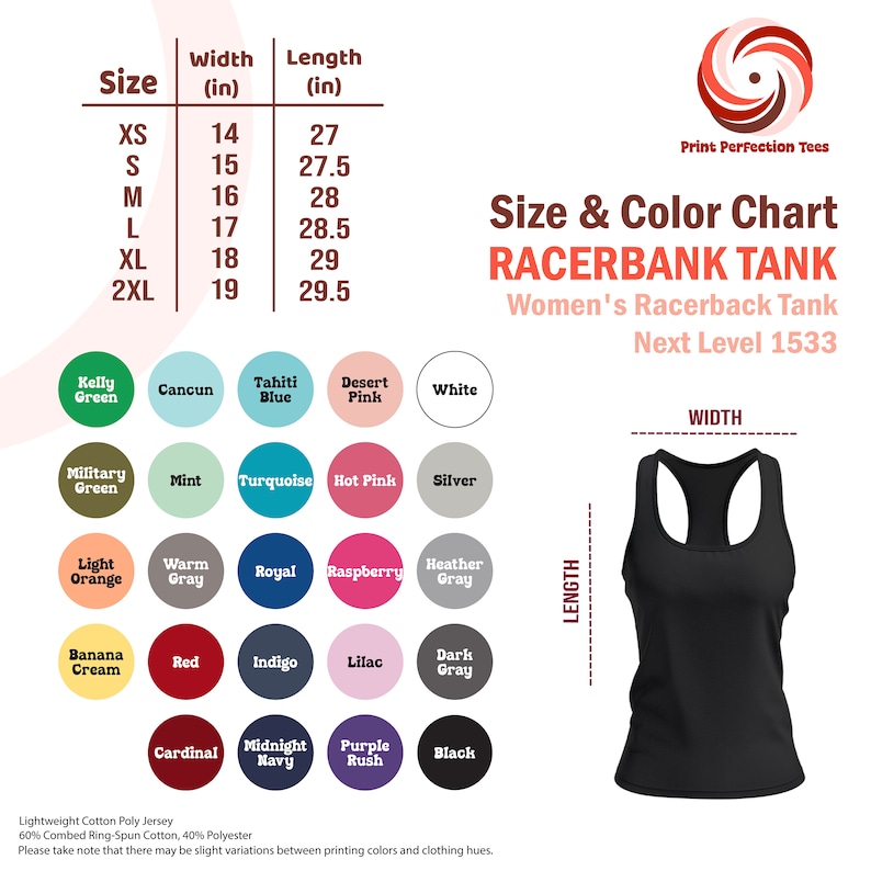 Op de afbeelding: Een zwarte tanktop met een maat- en kleurentabel. De tabel bevat maten XS tot 2XL, met breedte- en lengtematen in inches. Kleuropties zijn Kelly Green, Hot Pink en Zwart. De tekst luidt "RACERBANK TANK" en "Women's Racerback Tank".