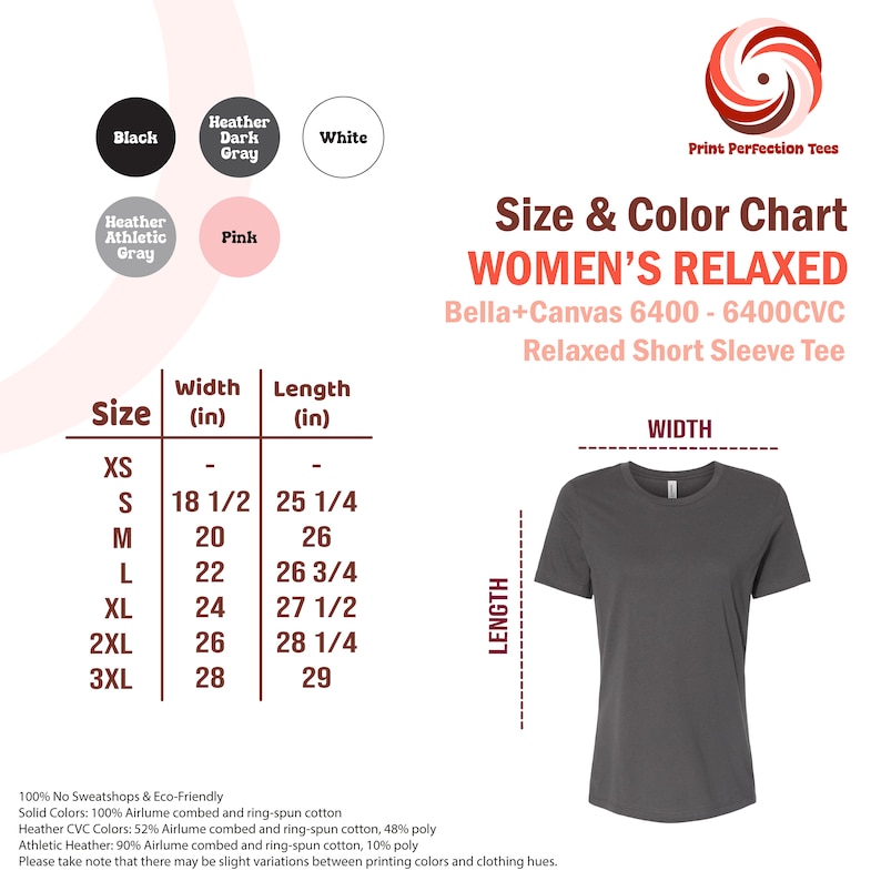 Op de afbeelding: Maat- en kleurentabel voor een Relaxed T-shirt met korte mouwen voor dames. De tabel bevat maten XS tot 3XL, met breedte- en lengtematen in inches. Kleuropties zijn zwart, heather dark grey, wit, heather athletic grey en roze.
