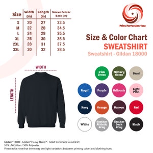 Puede incluir: Tabla de tallas para una sudadera Gildan 18000, que muestra las medidas en pulgadas para diferentes tallas. La tabla tambi&eacute;n incluye una tabla de colores con 14 opciones de colores diferentes, incluyendo verde irland&eacute;s, verde militar, arena, azul real, morado, heliconia, rosa claro, azul marino, naranja, marr&oacute;n, rojo, blanco, gris deportivo jaspeado, gris oscuro jaspeado y negro.