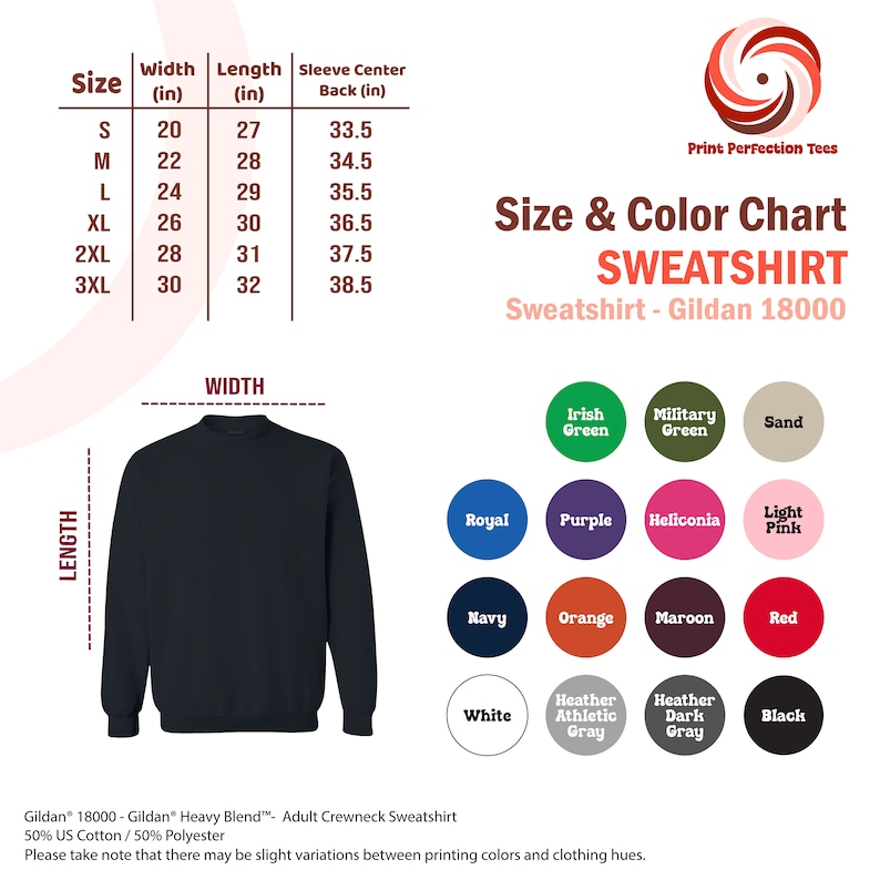 Puede incluir: Tabla de tallas para una sudadera Gildan 18000, que muestra las medidas en pulgadas para diferentes tallas. La tabla tambi&eacute;n incluye una tabla de colores con 14 opciones de colores diferentes, incluyendo verde irland&eacute;s, verde militar, arena, azul real, morado, heliconia, rosa claro, azul marino, naranja, marr&oacute;n, rojo, blanco, gris deportivo jaspeado, gris oscuro jaspeado y negro.