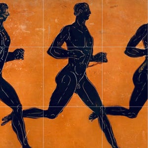 May include: A tile mural with a repeating pattern of black figures running on an orange background. The figures are in a classical style, with arms and legs extended. The artwork suggests ancient Greek athleticism, with a focus on movement and form.