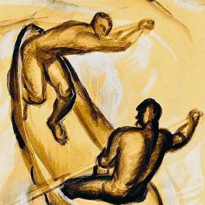 May include: An abstract painting in shades of brown and yellow depicts two figures in a boat. One figure is seated, rowing, while another is reaching out. The artwork has a dynamic, flowing composition.