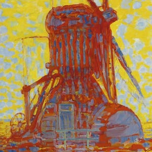 以下が含まれることがあります： 赤と青を基調とした風車の印象派絵画。黄色と青の空を背景に、絵筆のテクスチャが動きと光を表現しています。このスタイルに典型的なものです。