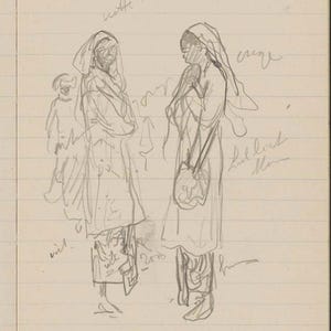 May include: Pencil sketch of two figures in draped clothing, possibly robes or cloaks, with head coverings. The figures are standing, and the sketch includes some text annotations. The style suggests a study or preliminary drawing.