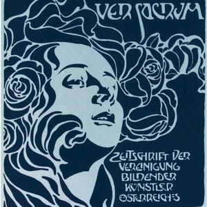 Puede incluir: Un cartel vintage de estilo Art Nouveau en tonos azules y blancos. El diseño presenta el rostro de una mujer rodeado de elementos florales estilizados y cabello fluido. El texto "VER SACRUM" está en la parte superior, con texto alemán debajo.