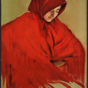 Op de afbeelding: Olieverfschilderij van een persoon met een felrode capuchon. Het gezicht is gedeeltelijk zichtbaar, met een serene uitdrukking. Het kunstwerk is rechtsonder gesigneerd. De achtergrond heeft een gedempte, warme tint.
