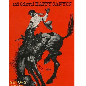 May include: Vintage Western wall art print featuring a rodeo scene with a cowboy on a bucking bronco, set against a vibrant red background. The poster includes text about the Pendleton Round-Up and Happy Canyon event, with dates in September 1962.