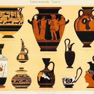 Puede incluir: Una impresión vintage que presenta varios jarrones griegos antiguos. Los jarrones están representados en negro y naranja, mostrando diseños intrincados de figuras, animales y patrones geométricos. La impresión tiene un fondo amarillo e incluye el texto alemán "GRIECHISCHE VASEN" en la parte superior.