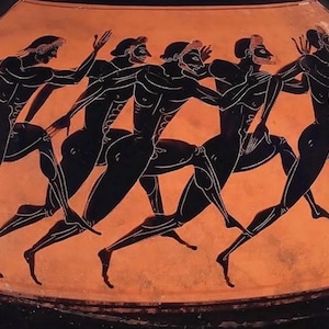Puede incluir: Cerámica griega antigua con un diseño de figuras negras que representa una carrera de seis atletas. Las figuras están en movimiento sobre un fondo naranja, arte de la época.