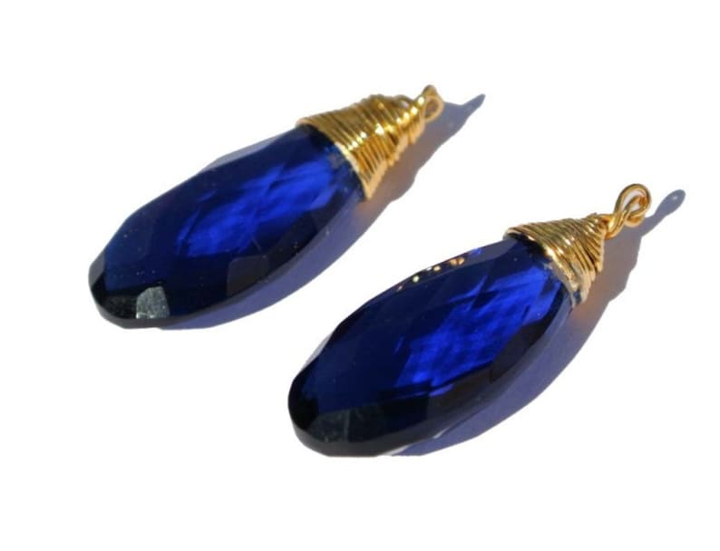 Pair For Earrings Gemstone Charm Pendant 2Pcs 30x12mm 22kt Gold Vermeil Wire Wrapped AAA Royal Blue Quartz Faceted Pear Briolettes