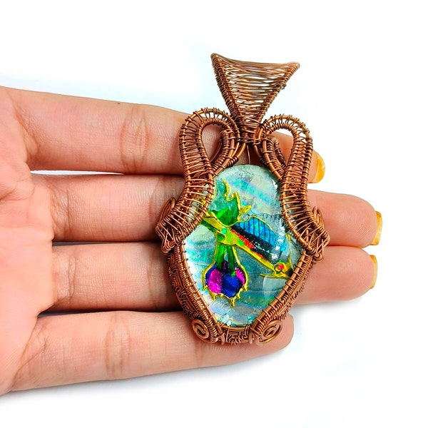 Decorative Abalone Shell Copper Wire Wrapped Pendant | 65mm Handmade Paua Shell Pendant | Designer Wire Wrapped Pendant | DIY Jewelry Supply