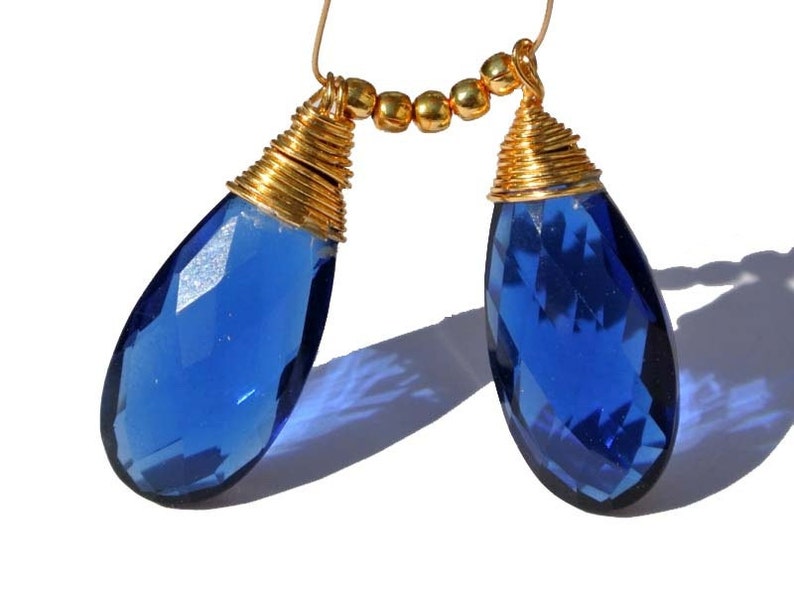 Pair For Earrings Gemstone Charm Pendant 2Pcs 30x12mm 22kt Gold Vermeil Wire Wrapped AAA Royal Blue Quartz Faceted Pear Briolettes