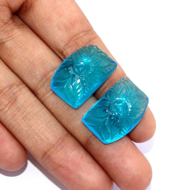 2 Pcs 21x15mm Swiss Blue Quartz Hand Carved Flower On Fancy Briolettes DIY Jewelry Making Carved Gemstone Beads Select Drill Hole CQ29