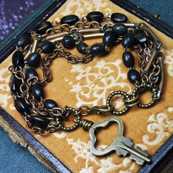 Vintage Upcycled Rosary Bracelet, Multi Strand Chain Beaded, Vintage Key Charm, Assemblage, Black Rosary, Jewelry Gift, Gift for Her