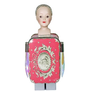KEEPSAKE DOLL, Mixed Media Art Doll, Altered Art Doll, Tin Sculpture, Keepsake Box, Jewelry Box, Vintage Pink Box, Gift For Women
