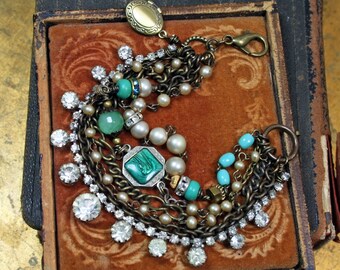 Vintage Assemblage Bracelet, Upcycled Rosary, Rhinestone Sparkle, Multi Strand, OOAK Jewelry, Locket Charm, Pearls, Virgin Mary, Green Blue