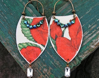 Vintage Tin Earrings, Tin Dangle Earrings, Boho Gypsy Earrings, Upcycled Jewelry, Bohemian Earrings, Last Minute Gift, Red Rose Gift
