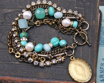 Vintage Assemblage Bracelet, Repurposed Bracelet, Sparkly Layering Bracelet, Upcycled Assemblage Jewelry, Multi Strand Locket Bracelet