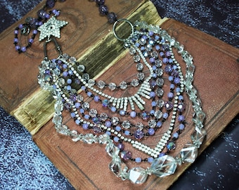 Vintage Assemblage Necklace, Upcycled Jewelry, Rosary, Asymmetrical, Vintage Crystal, Purple, Rhinestone Star, Long Multi Strand Necklace