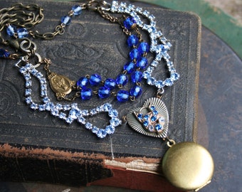 Vintage Assemblage Locket Necklace, Repurposed Necklace, Upcycled Handmade Jewelry, Assemblage Jewelry, Blue Beaded Necklace Gift