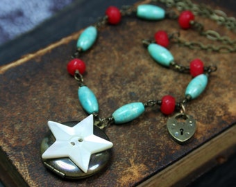 Vintage Locket Necklace, Mother of Pearl Star Button, Turquoise and Red Jade Beads, Beaded Locket Necklace, Heart Lock Charm, Upcycled