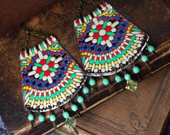 Vintage Tin Earrings, Handmade Repurposed, Upcycled Jewelry, Boho Gypsy Bohemian Earrings, Fringe, Chandelier, Big, Large, Colorful