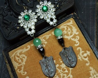 Vintage Assemblage Earrings, Upcycled Boho Earrings, Archangel Michael, Rhinestone Green Aventurine Bead Earrings, Religious Medal