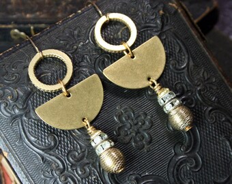 Vintage Modern Brass Earrings, Boho Assemblage, Geometric, Rhinestone Upcycled, Bohemian, Dangle, Half Moon, Circles, Gift for Women