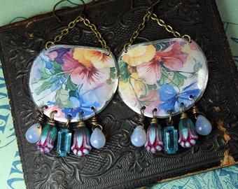 Vintage Tin Earrings, Handmade Repurposed, Spring Floral, Pansies, Tulips, Flowers, Dangle Beads, Chandelier Boho, Gypsy Bohemian, Blue