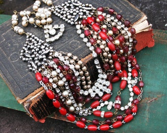 Vintage Assemblage Necklace, Upcycled Vintage Jewelry, Rosary Necklace, Antique Assemblage Necklace, Rhinestone Rosaries Necklace