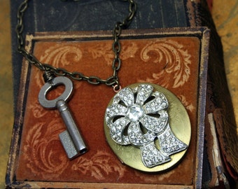 Vintage Assemblage Rhinestone Locket Necklace, Upcycled Repurposed Jewelry, Asymmetrical, Handmade, Skeleton Key, Sparkly, Gift for Women