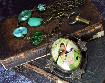 Vintage Upcycled Bird Pendant Necklace, Assemblage, Buttons, Green, Cameo, Repurposed Assemblage Jewelry, Turquoise, Key, Asymmetrical