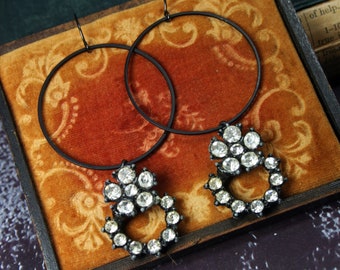 Repurposed Rhinestone Dangle Earrings, Vintage Upcycled Jewelry, Rustic Glam, Black, Sparkly Big Earrings, Hoop Earrings, Gift Jewelry