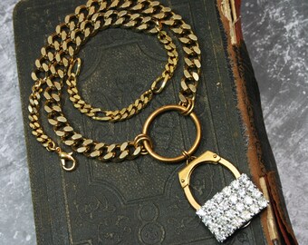 Vintage Modern Pendant Choker Necklace, Rhinestone Dress Clip Necklace, Upcycled Handmade Jewelry, Geometric, 14K Gold Plated Brass