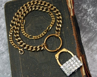Vintage Modern Pendant Choker Necklace, Rhinestone Dress Clip Necklace, Upcycled Handmade Jewelry, Geometric, 14K Gold Plated Brass