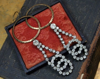 Repurposed Rhinestone Dangle Earrings, Vintage Upcycled Jewelry, Rustic Glam, Oxidized Hammered Brass, Sparkly Big, Hoop Earrings, Gift
