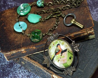 Vintage Upcycled Bird Pendant Necklace, Assemblage, Buttons, Green, Cameo, Repurposed Assemblage Jewelry, Turquoise, Key, Asymmetrical