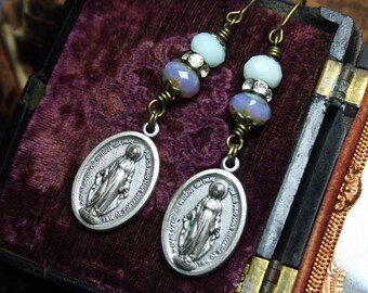 Vintage Assemblage Earrings, Silver, Madonna Virgin Mary, Religious Sacred Medal, Upcycled, Repurposed, Rhinestones, Beads, Lavender, Blue