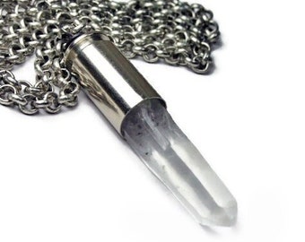 Quartz Crystal Bullet Shell Necklace, Bullet Crystal Necklace, Silver Bullet Necklace, Upcycled Jewelry, Unisex Crystal Gift, Raw Crystal