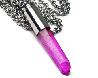Pink Titan Quarz Kugel Muschel Halskette, Bullet Crystal Halskette, Upcycling Schmuck, Kristall Heilung Halskette, Boho Geschenk für Sie