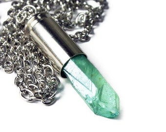 Mystic Green Titanium Crystal Bullet Shell Necklace, Bullet Crystal Necklace, Upcycled Jewelry, Unisex Crystal Gift, Raw Crystal Necklace