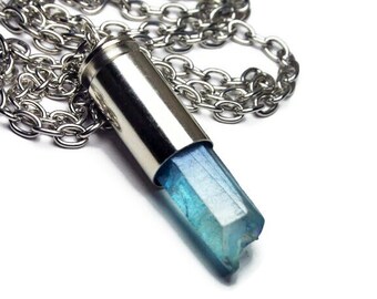Mystic Blue Crystal Bullet Shell Necklace, Bullet Crystal Necklace, Upcycled Jewelry, Unisex Crystal Gift, Raw Crystal Healing Necklace