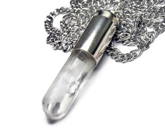 Quartz Crystal Bullet Shell Necklace, Bullet Crystal Necklace, Crystal Necklace, Upcycled Jewelry, Unisex Crystal Gift, Raw Crystal Necklace