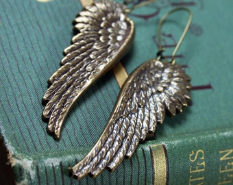 Vintage Angel Wing Earrings, Oxidized Brass, Wings, Etched, Gift for Her, Cute Wing Earrings, Women's Jewelry