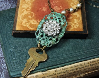Verdigris Key Necklace, Vintage Key, Rhinestone, Sparkly, Rustic Glam, Assemblage, Green, Brass, Steampunk Upcycled Repurposed Jewelry