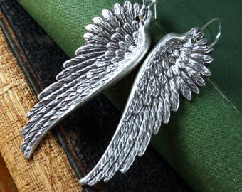 Vintage Angel Wing Earrings, Oxidized Silver, Wings, Silver Jewelry, Etched, Gift for Her, Women's Earrings
